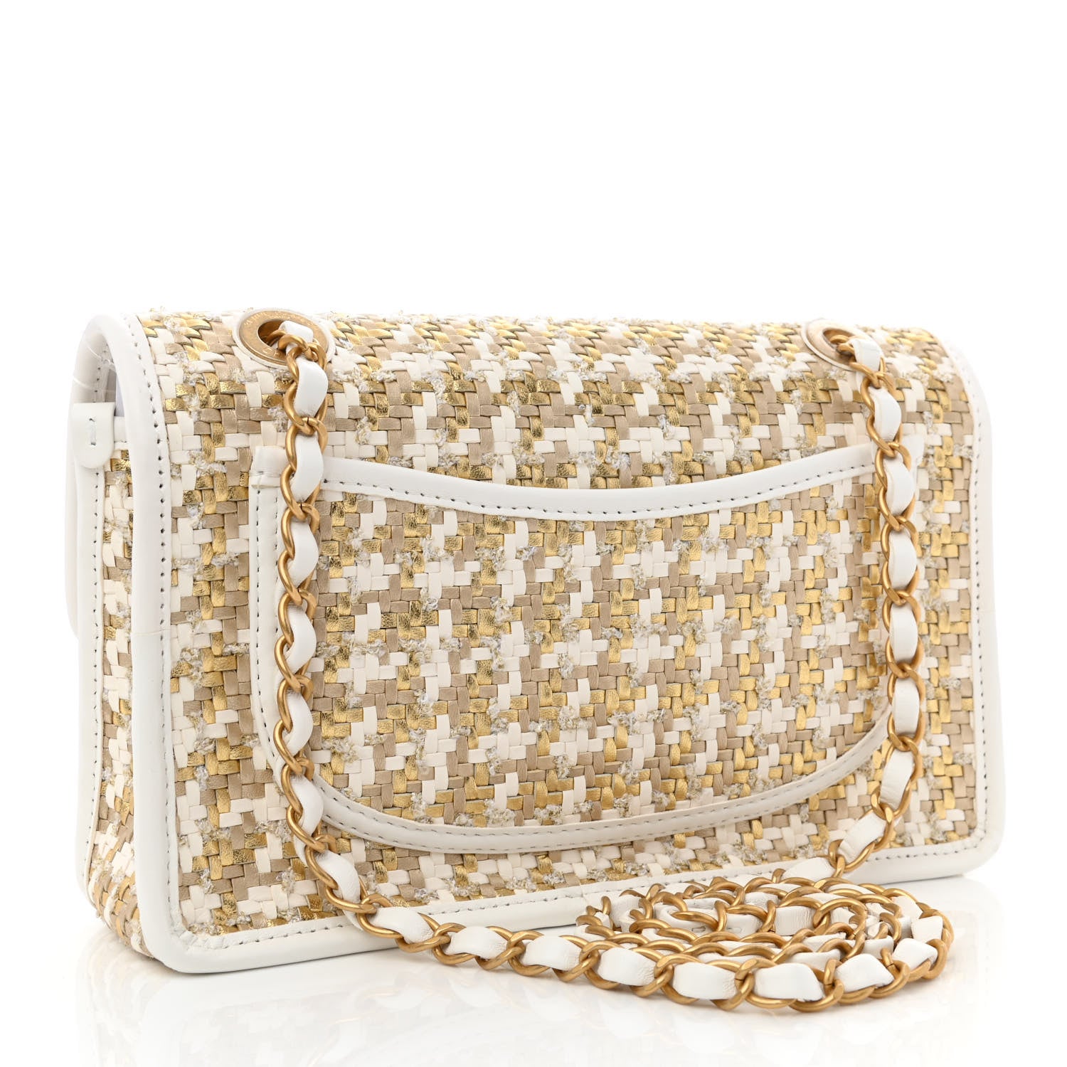 Chanel Metallic Lambskin Viscose Woven Flap Gold White 3 of 11