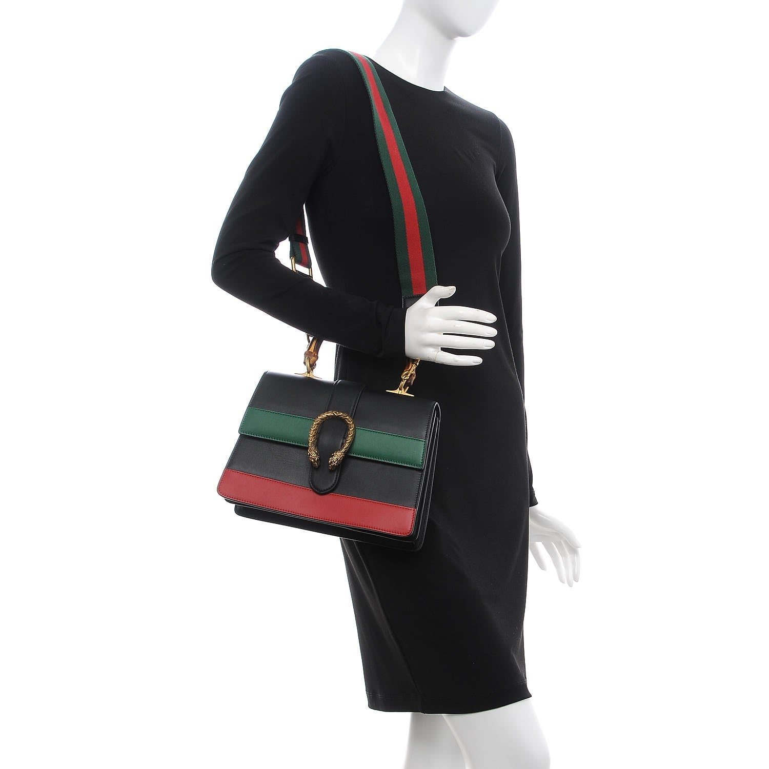 Gucci Moon Calfskin Web Medium Dionysus Bamboo Top Handle Bag Black Bright Evergreen Hibiscus Red 2 of 9