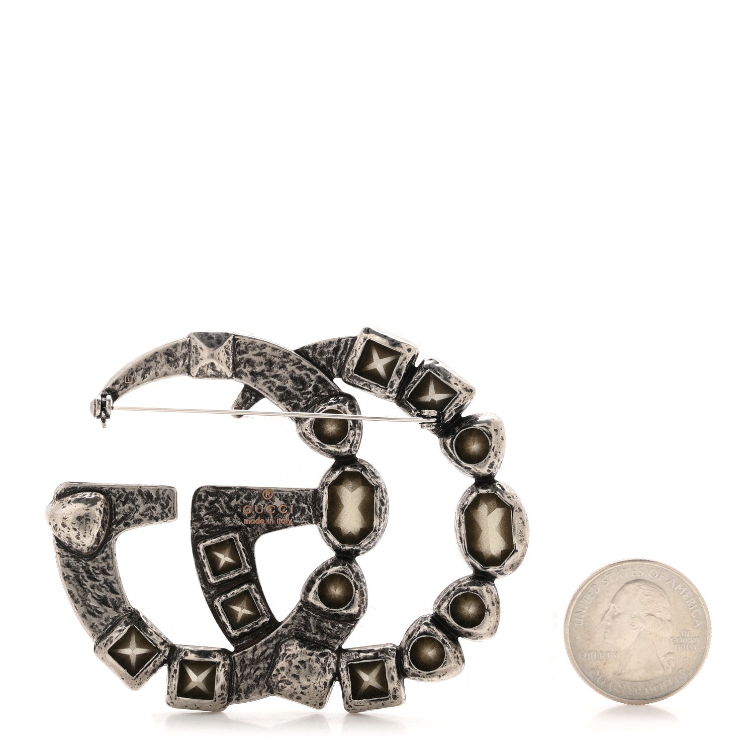 Gucci Metal Crystal Double G Brooch Silver 2 of 3