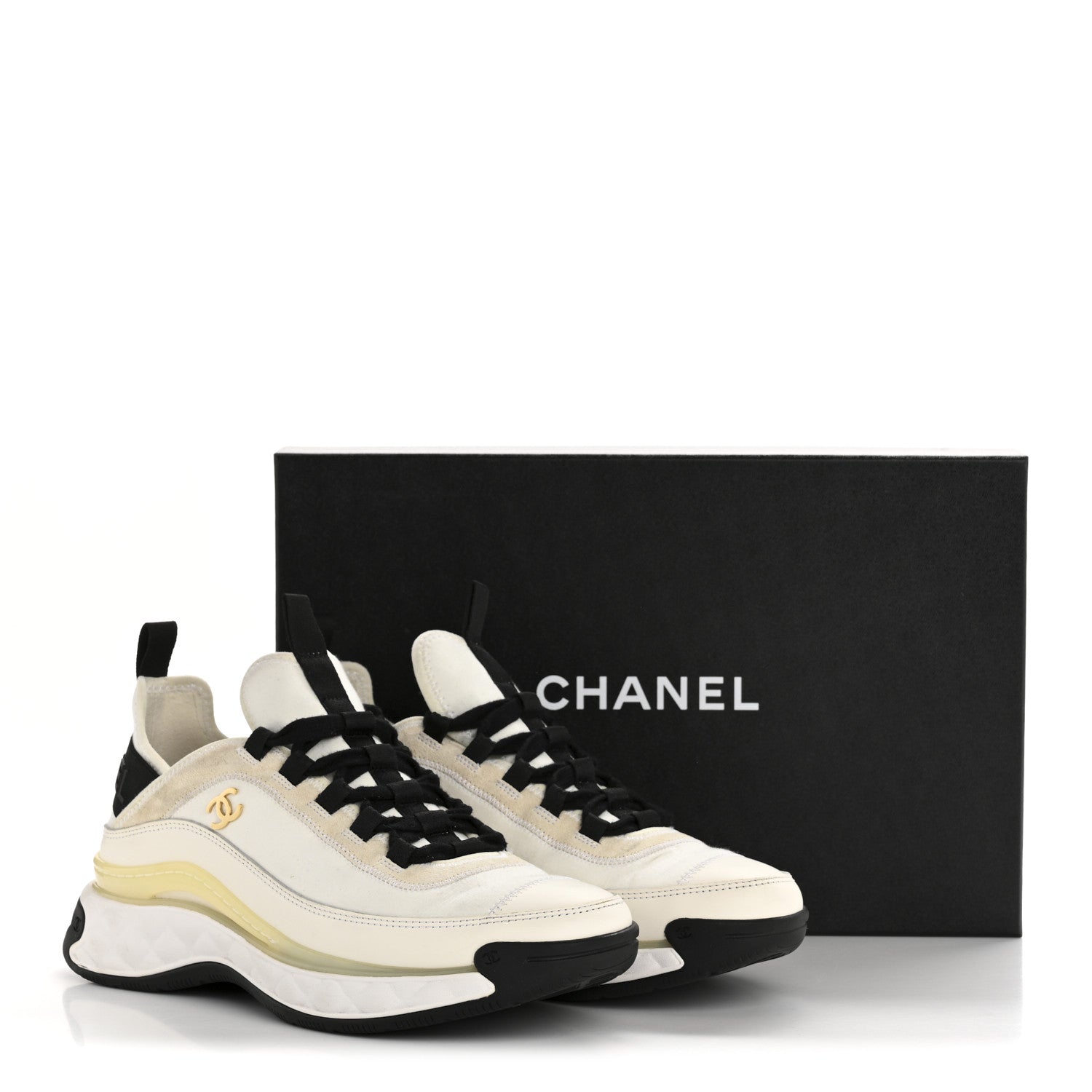 Chanel Velvet Calfskin Mixed Fibers CC Sneakers 38 Ivory Black 9 of 9