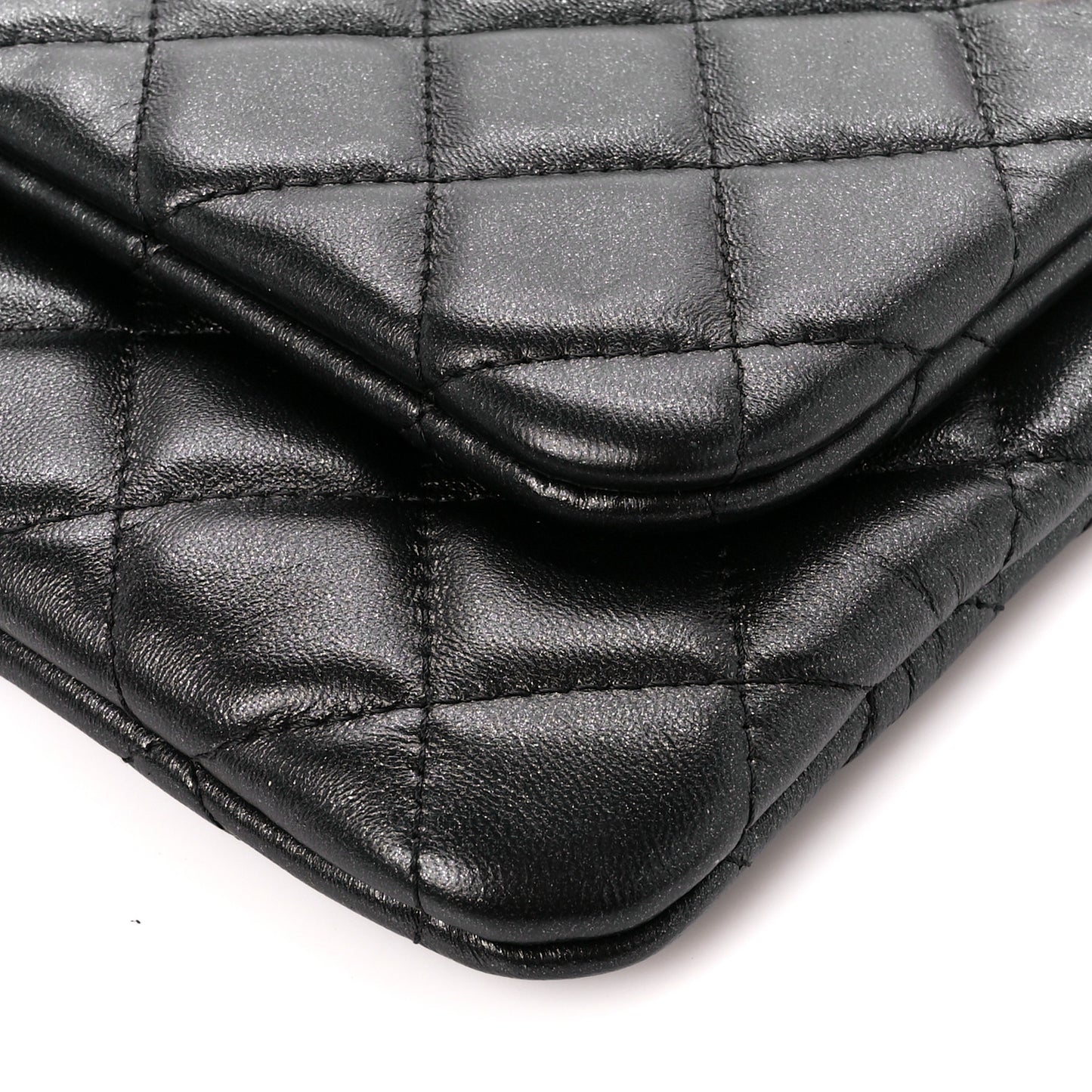 Shiny Lambskin Quilted Medium Double Case With Strap Black