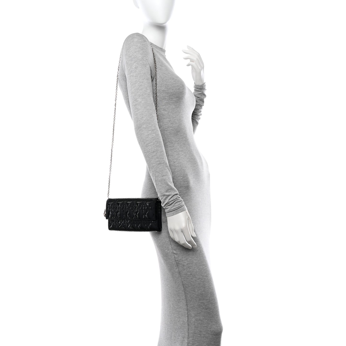 Patent Lambskin Cannage Lady Dior Rendezvous Wallet On Chain Black