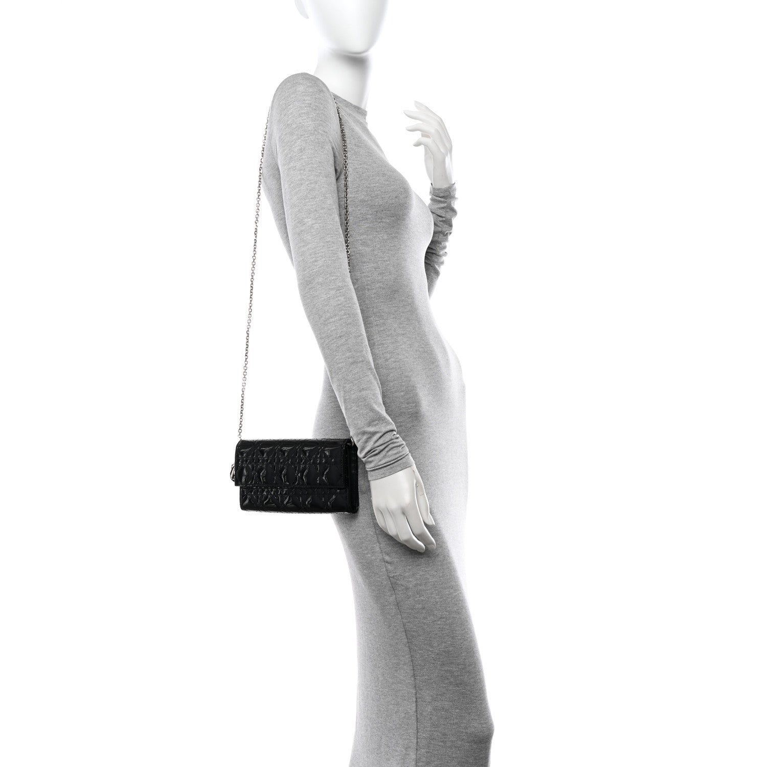 Christian Dior Patent Lambskin Cannage Lady Dior Rendezvous Wallet On Chain Black 2 of 11