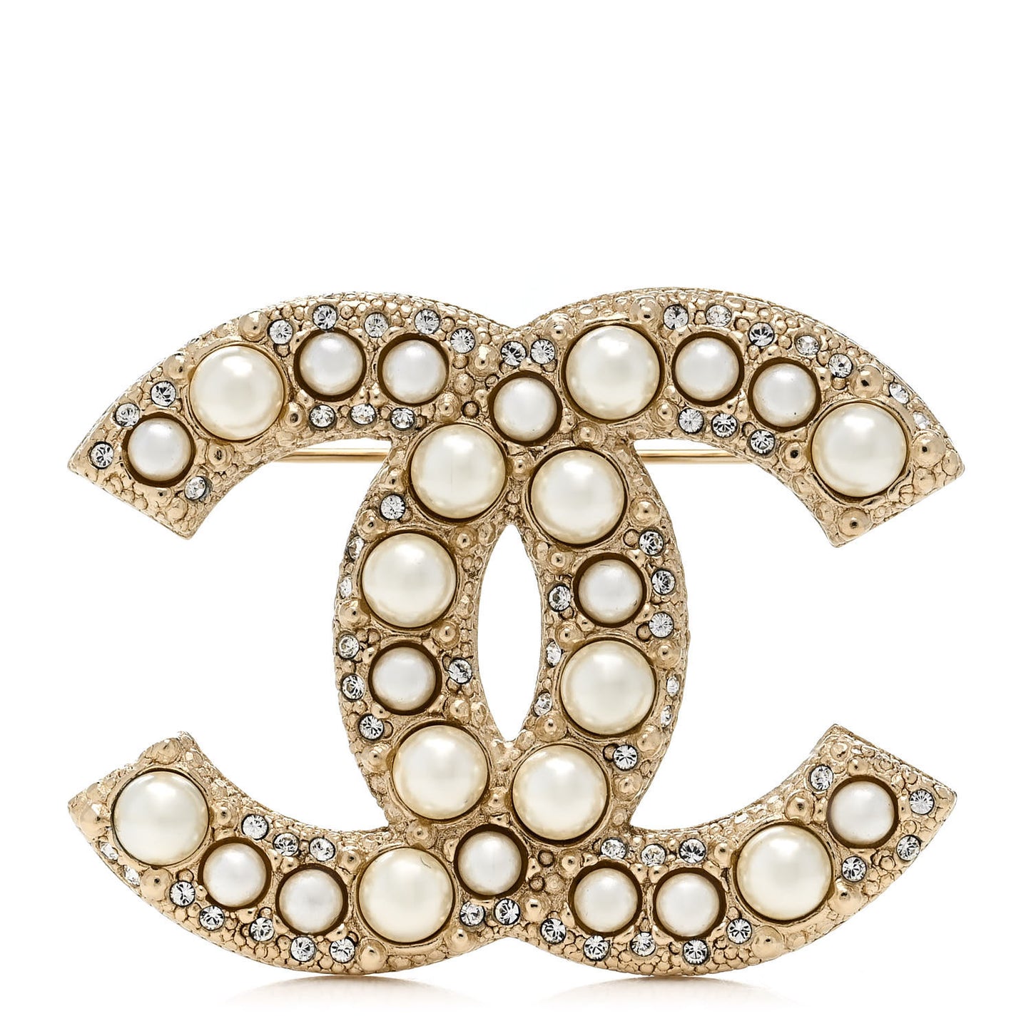 Metal Crystal Graduated Pearl CC Brooch Gold