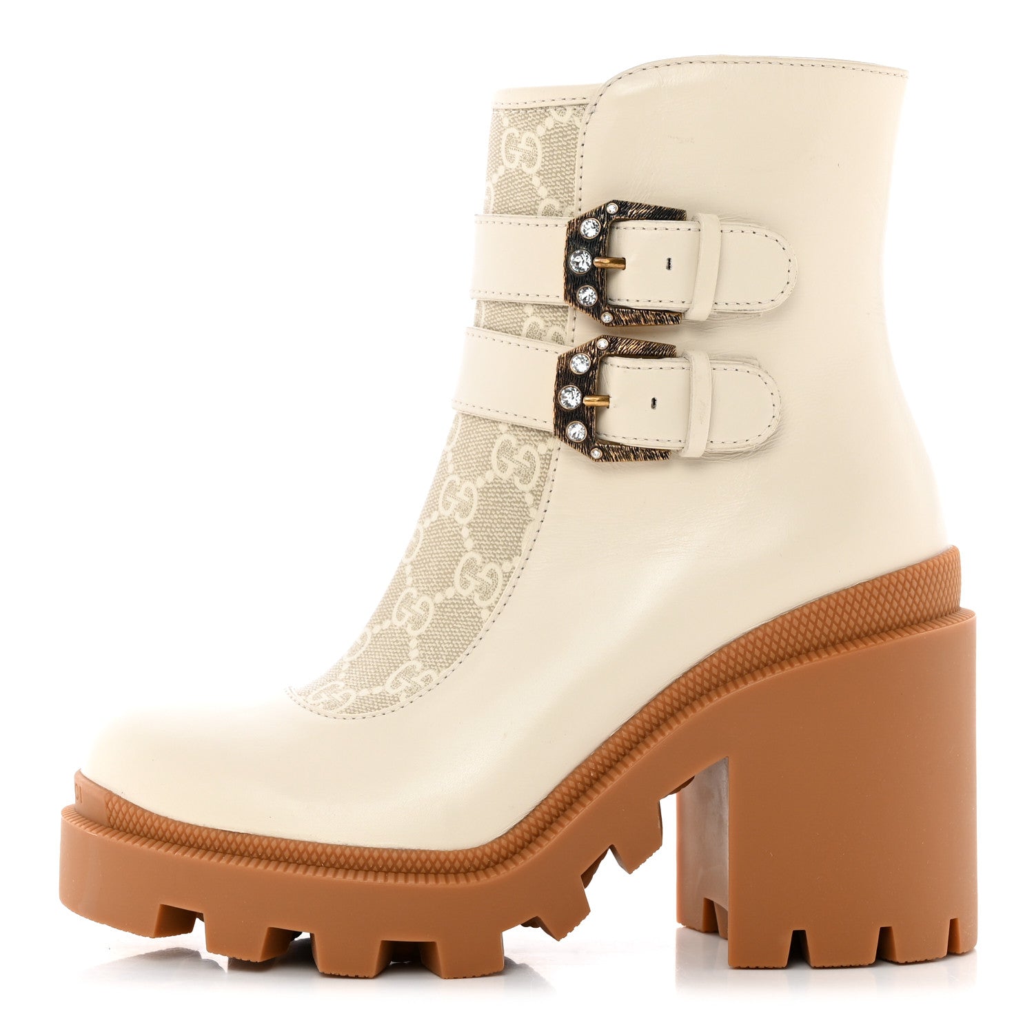 Gucci Kensington Calfskin Nappa GG Supreme Monogram Womens Double Buckle Ankle Boots 36.5 Mystic White Beige 1 of 14