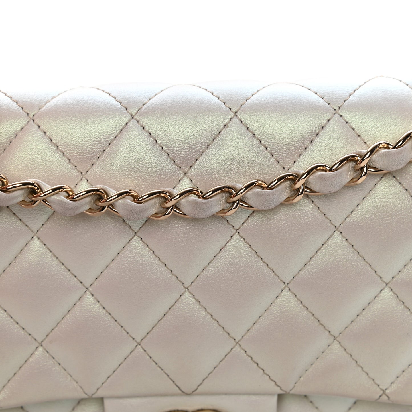 Iridescent Calfskin Quilted Medium Double Flap White