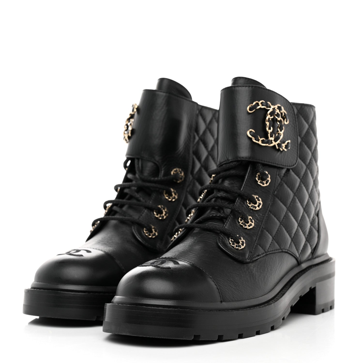 Chanel Shiny Goatskin Calfskin Quilted Lace Up Combat Boots 39 Black 3 of 9