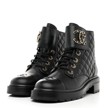 Chanel Shiny Goatskin Calfskin Quilted Lace Up Combat Boots 39 Black 3 of 9