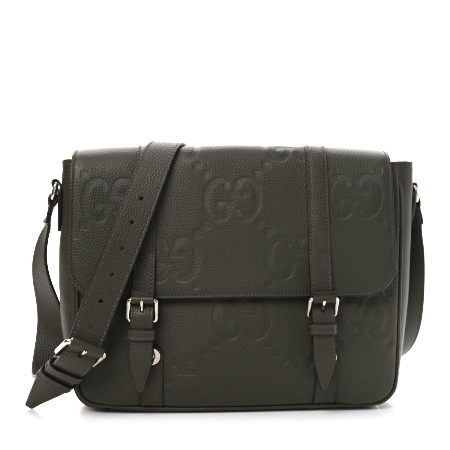 Gucci Piuma Calfskin Jumbo GG Embossed Double Buckle Medium Messenger Bag Dark Vintage Olive 1 of 10
