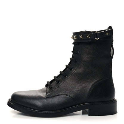 Valentino Garavani Calfskin Rockstud Combat Ankle Boots 37 Black 1 of 9