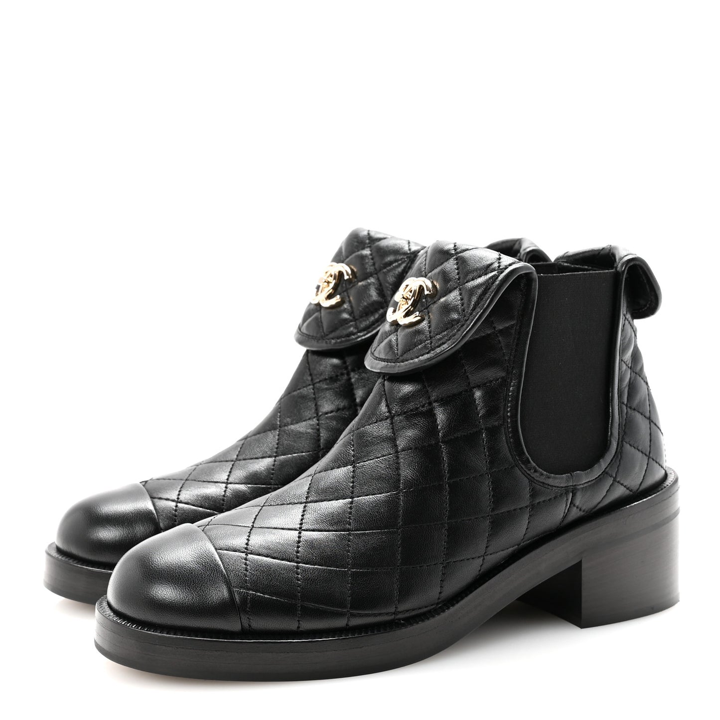 Lambskin Quilted Cap Toe CC Turnlock Booties 38.5 Black
