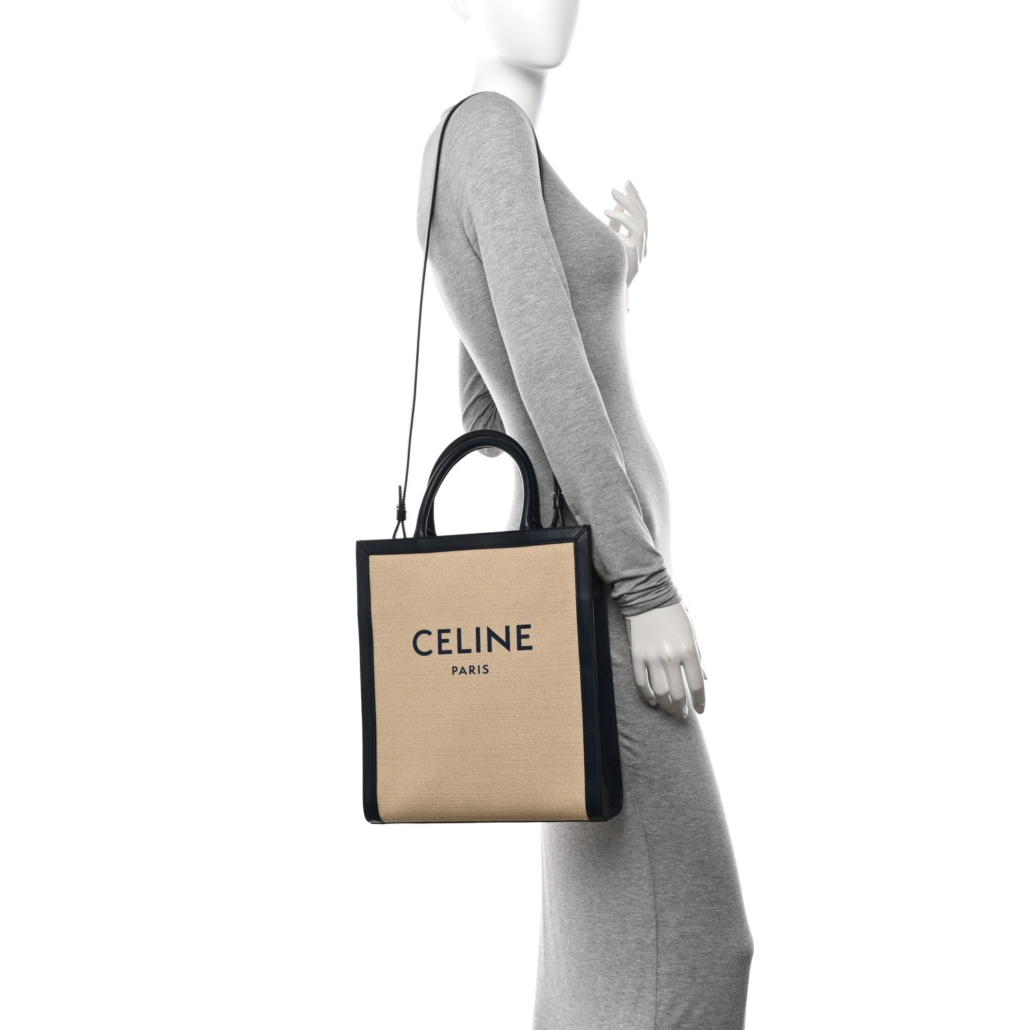 Celine Canvas Calfskin Logo Print Small Vertical Cabas Natural Navy 2 of 11