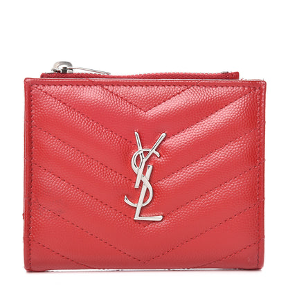 Saint Laurent Grain De Poudre Matelasse Chevron Monogram Zipped Card Case Rouge 1 of 10