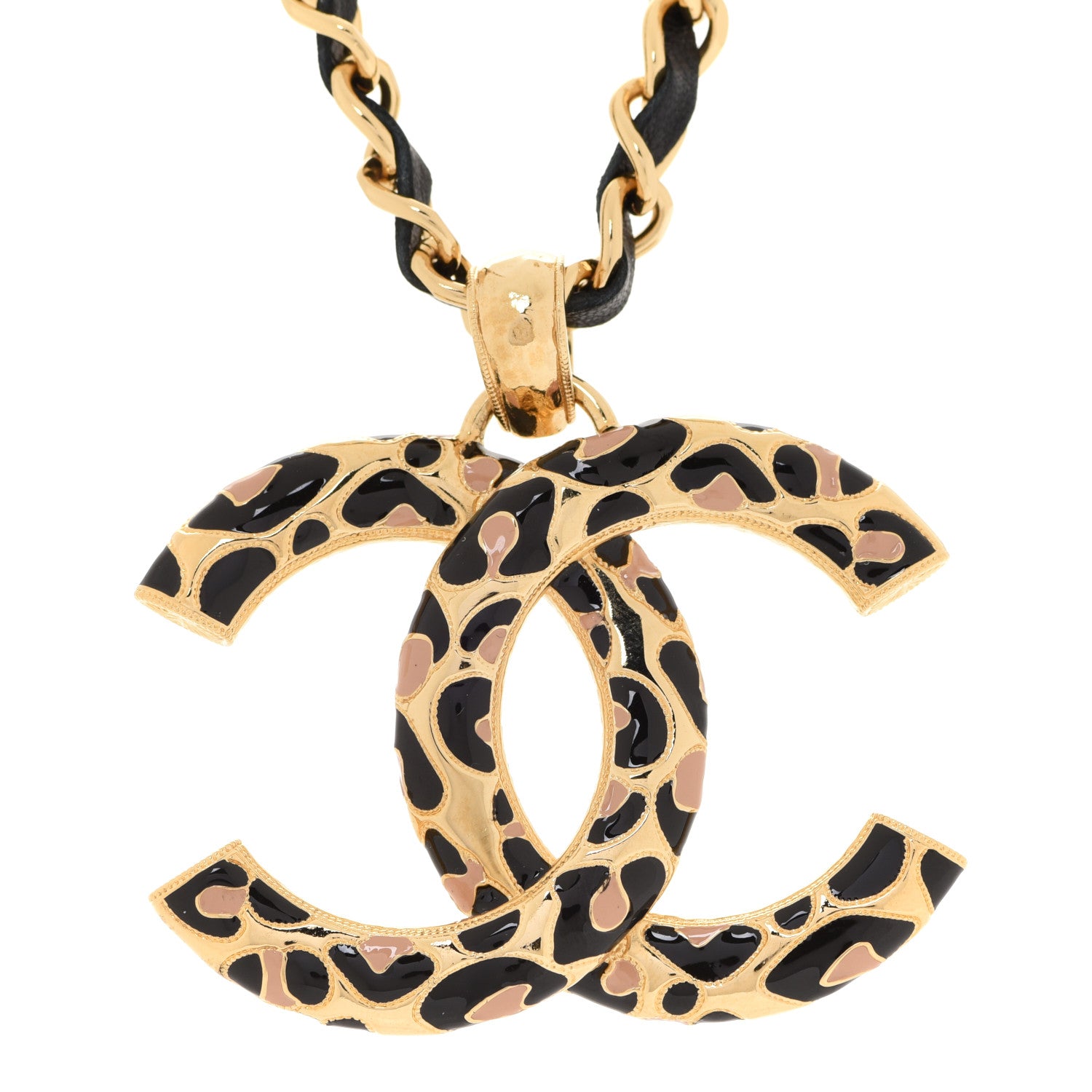 Chanel Metal Calfskin Leopard Print CC Pendant Necklace Gold Black Beige 4 of 6