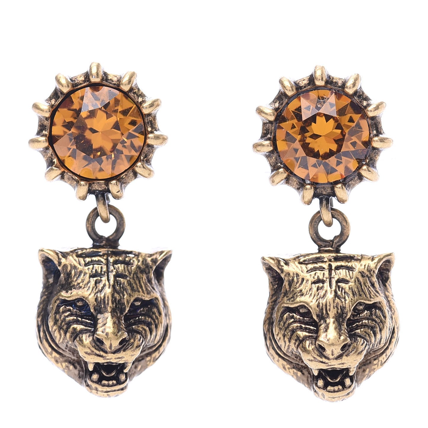 Metal Crystal Feline Earrings Aged Gold