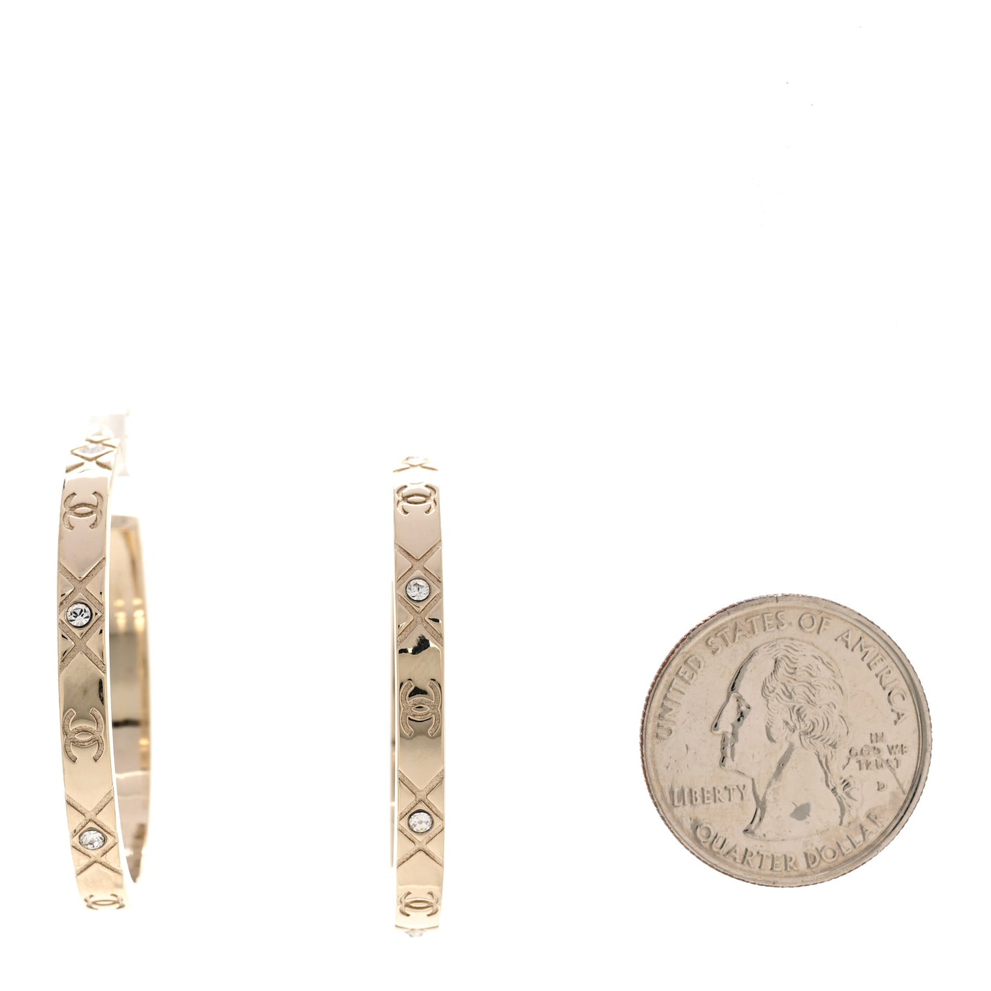 Metal Crystal Quilted CC Hoop Earrings Gold