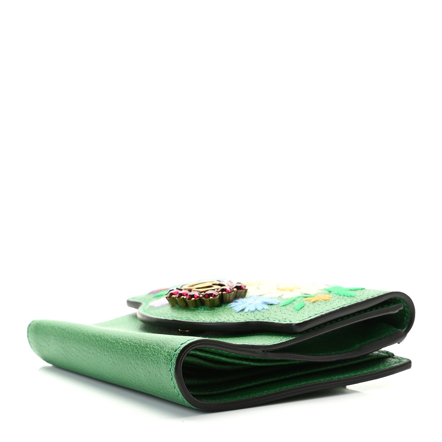 Textured Calfskin Crystal Fiori Floral Embroidered GG Wallet Grass Green