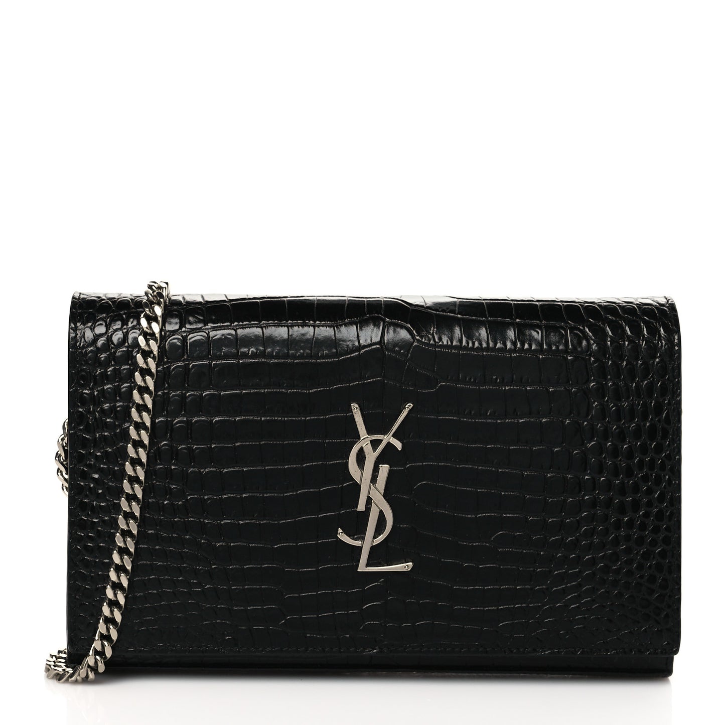 Calfskin Crocodile Embossed Monogram Chain Wallet Black