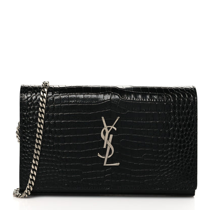 Saint Laurent Calfskin Crocodile Embossed Monogram Chain Wallet Black 1 of 10