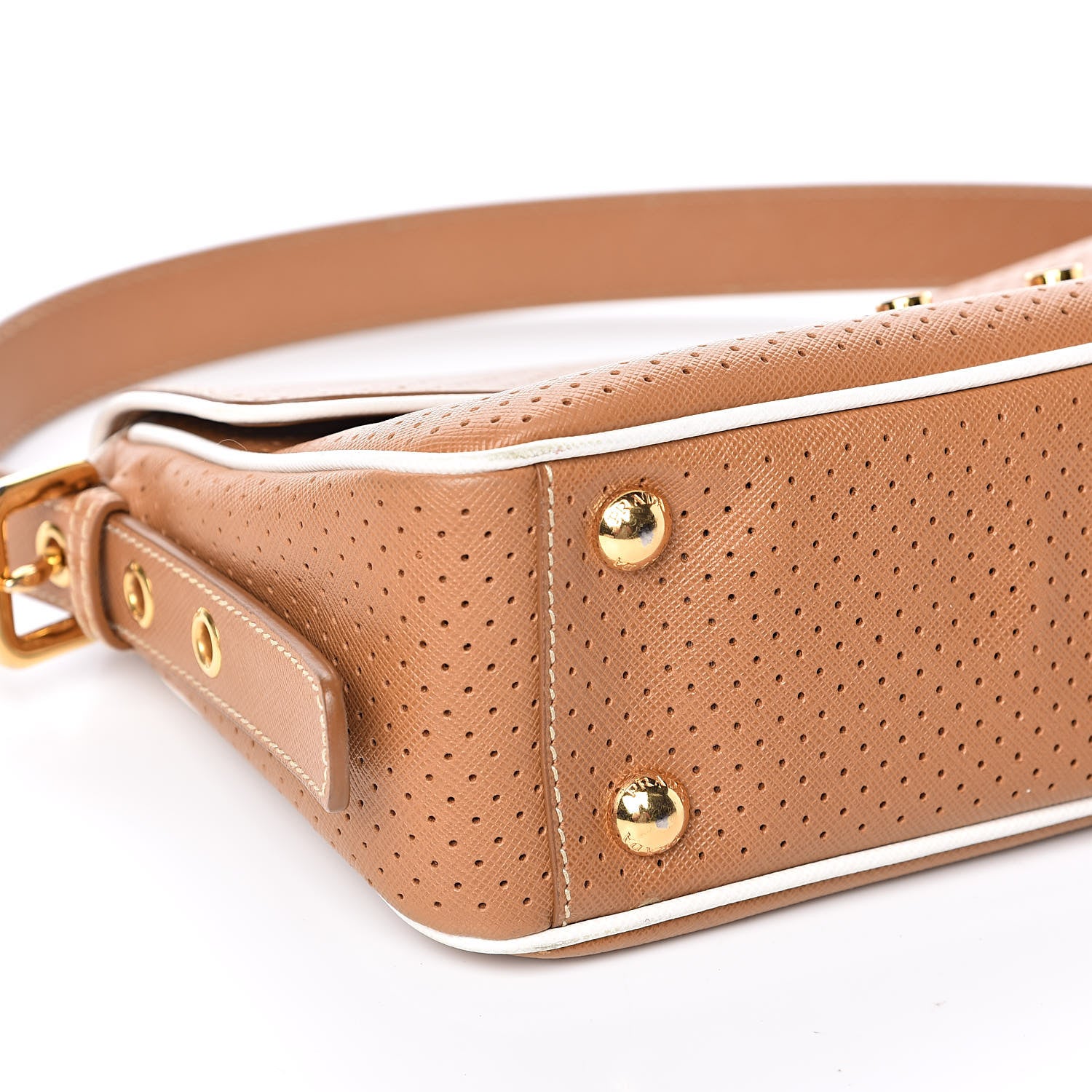 Prada Saffiano Perforated Pushlock Flap Bag Cuoio 7 of 9