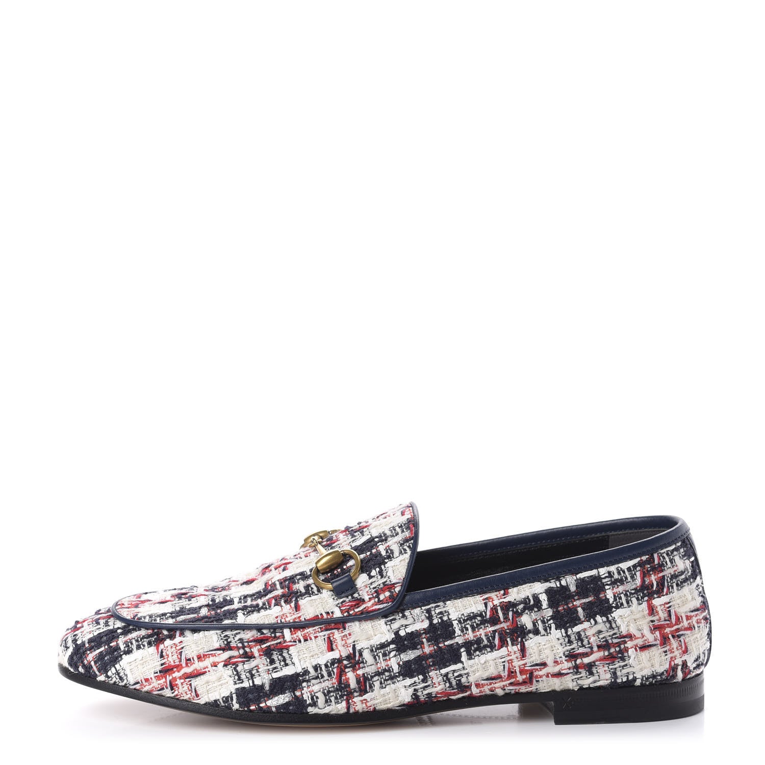 Gucci Tweed Check Horsebit Womens Jordaan Loafers 37 Gardenia Ink Blue Agata 1 of 10