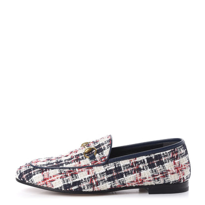 Gucci Tweed Check Horsebit Womens Jordaan Loafers 37 Gardenia Ink Blue Agata 1 of 10