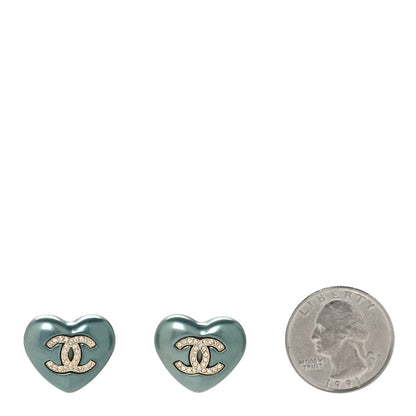 Chanel Pearl Crystal CC Heart Earrings Blue Gold 2 of 5