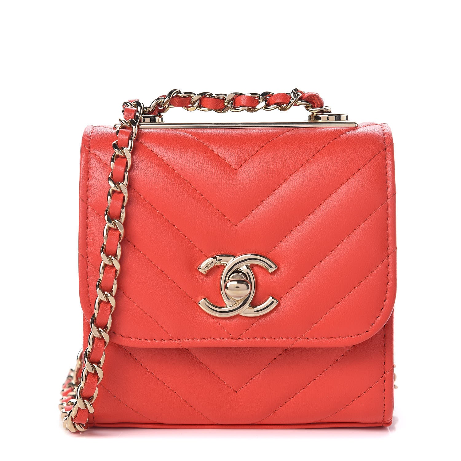 Chanel Lambskin Chevron Quilted Mini Trendy CC Chain Wallet Red 1 of 10