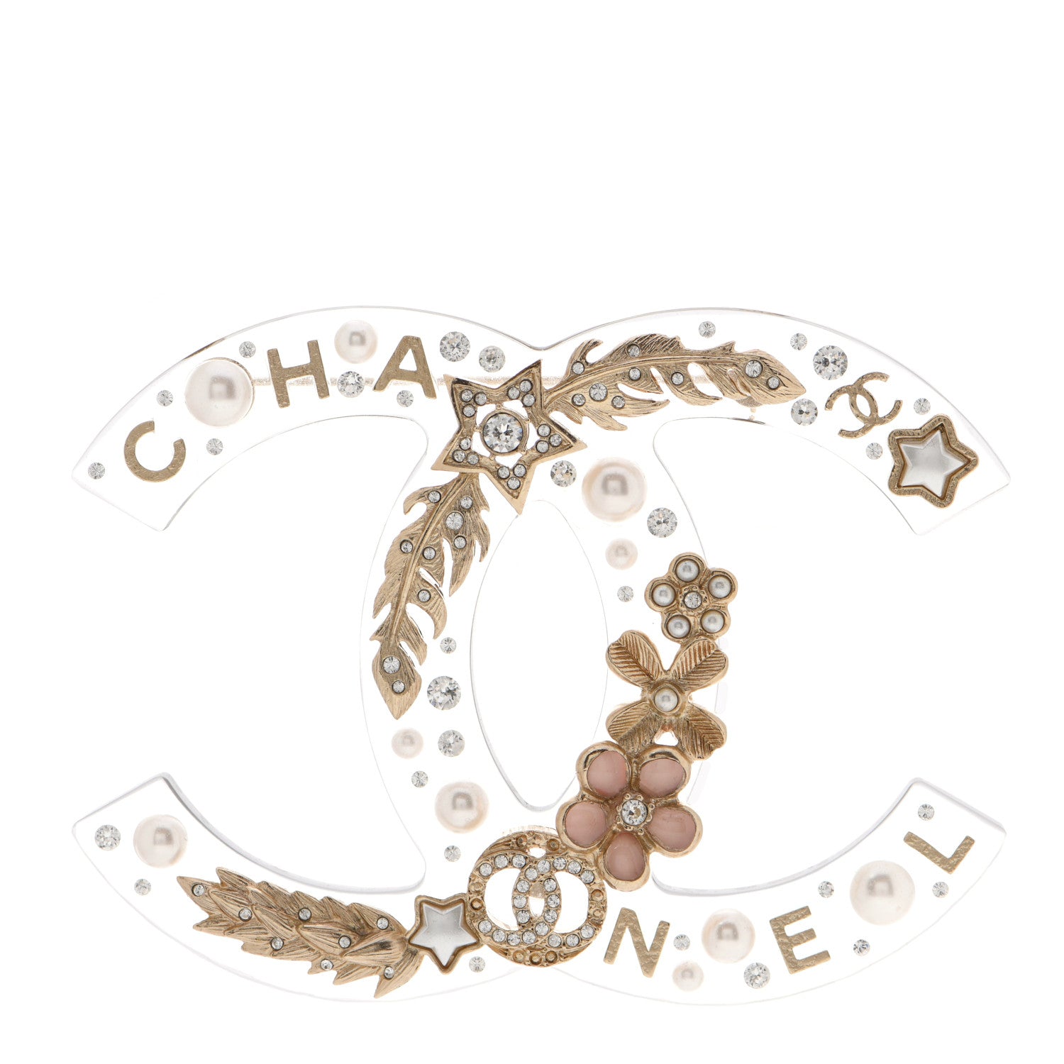 Chanel Resin Pearl Crystal Feather Star CC Brooch Transparent Gold 1 of 5