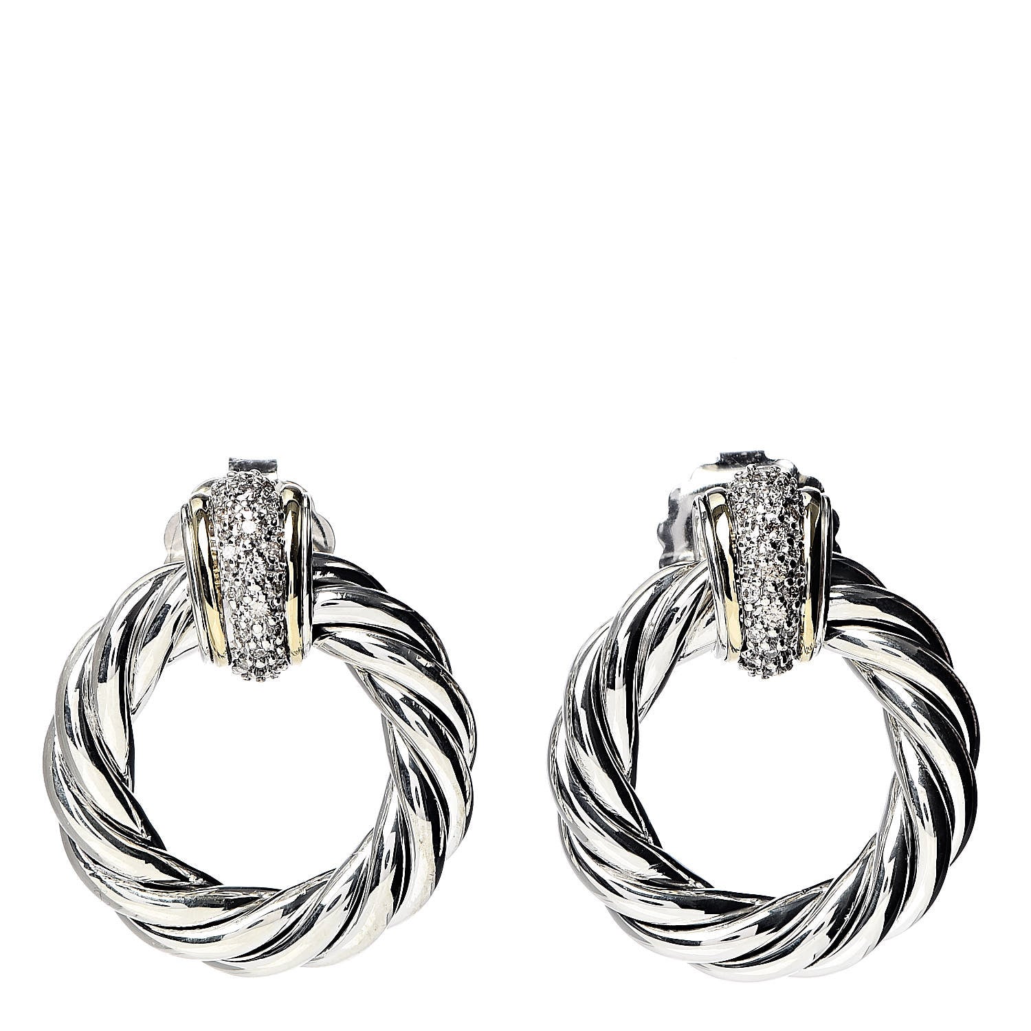 David Yurman Sterling Silver 18K Yellow Gold Diamond Door Knocker Cable Earrings 1 of 4