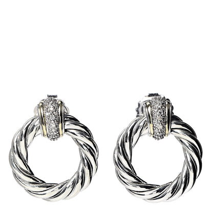 David Yurman Sterling Silver 18K Yellow Gold Diamond Door Knocker Cable Earrings 1 of 4
