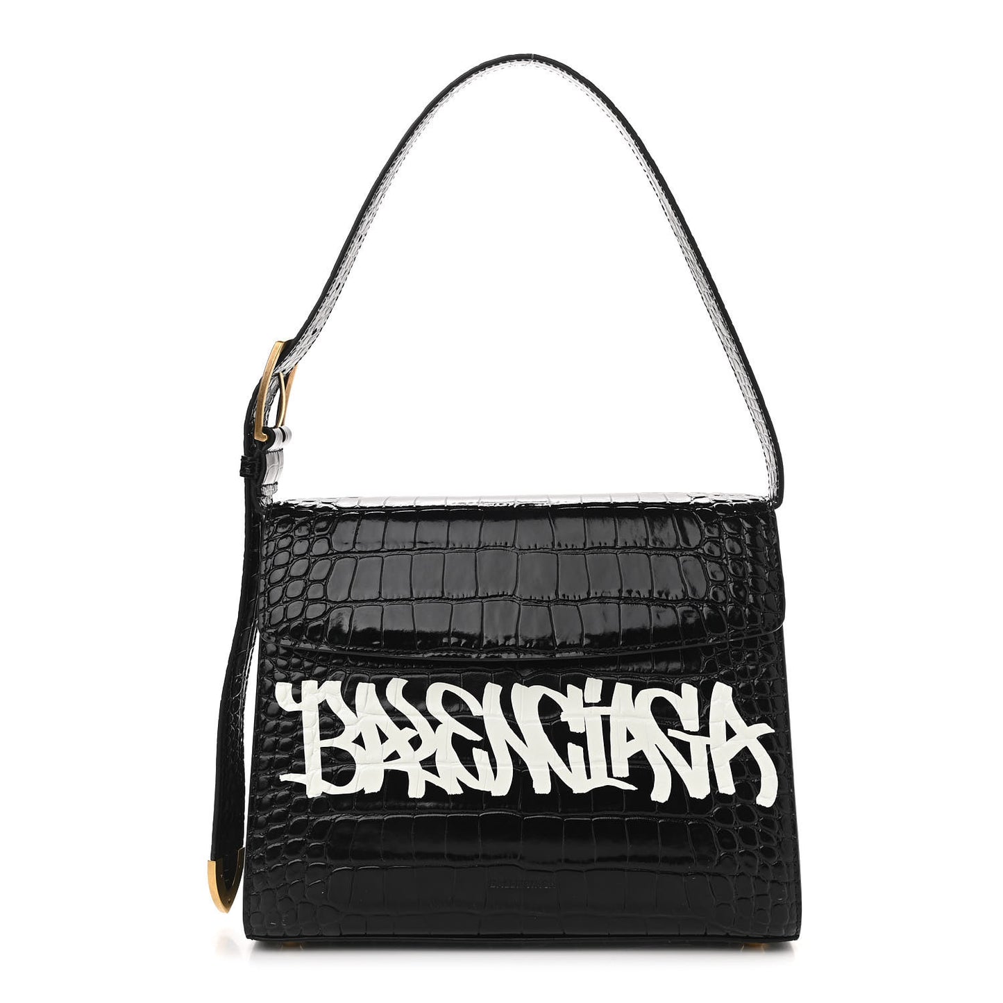 Shiny Calfskin Graffiti Logo Crocodile Embossed Medium Ghost Shoulder Bag Black White