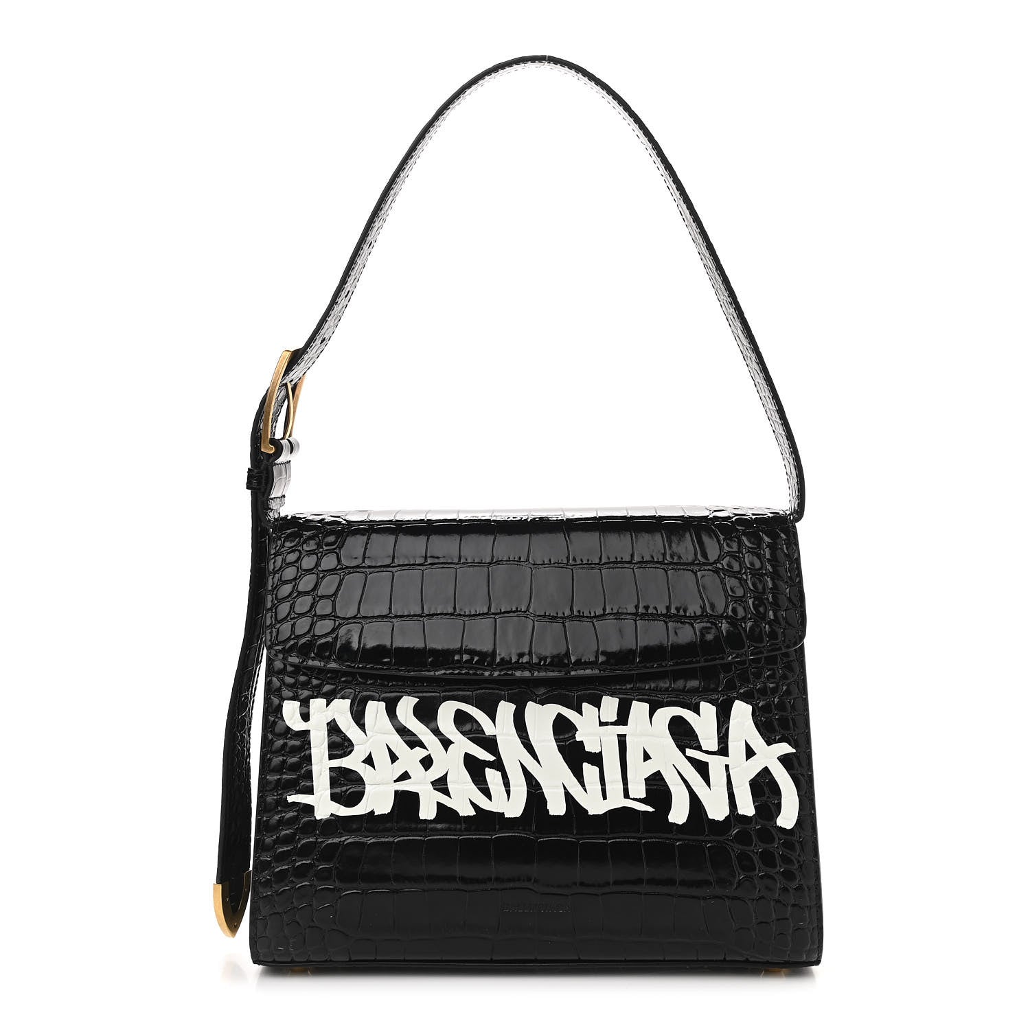 Balenciaga Shiny Calfskin Graffiti Logo Crocodile Embossed Medium Ghost Shoulder Bag Black White 1 of 11
