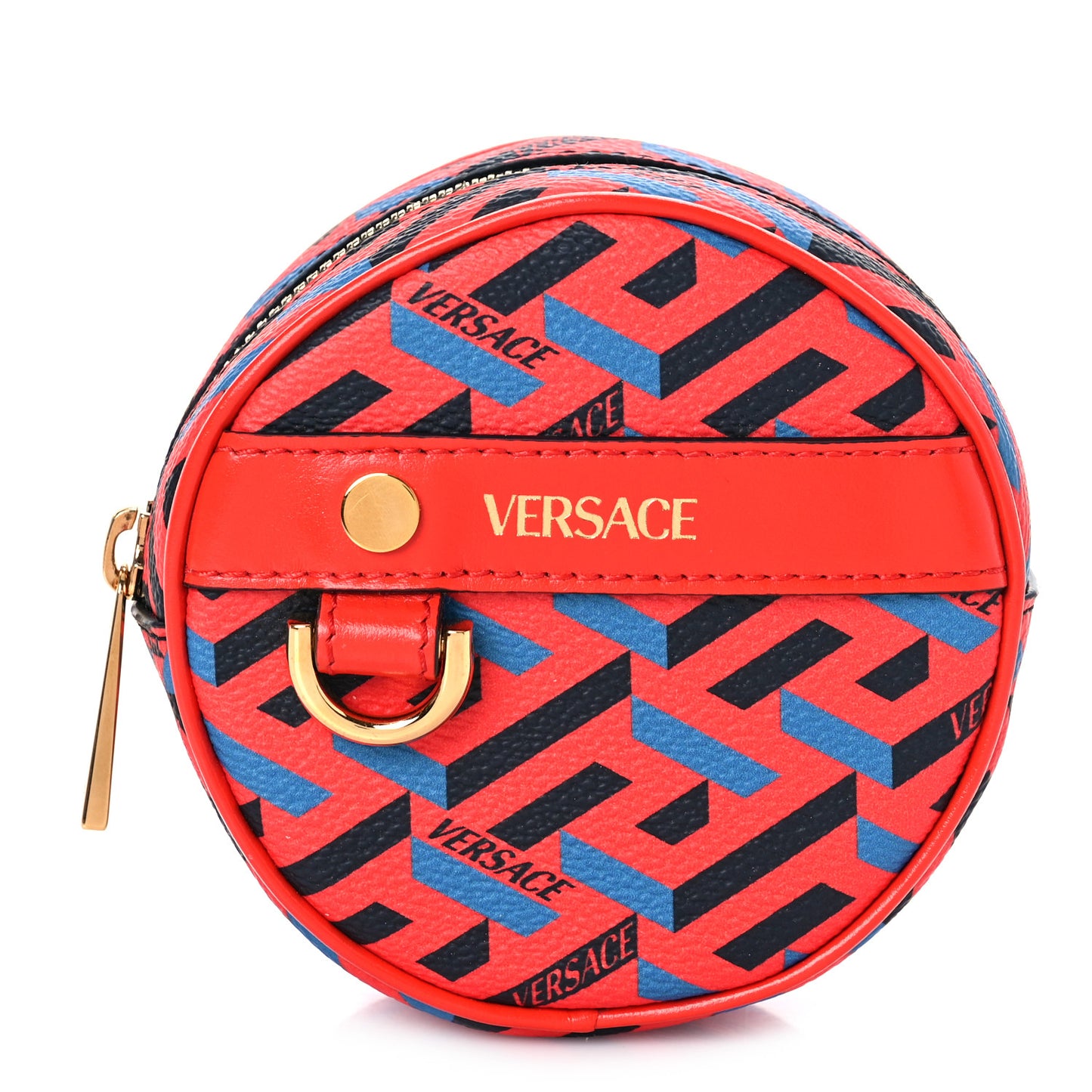 Coated Canvas Calfskin La Greca Round Zip Pouch Blue Red