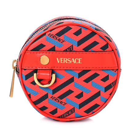 Versace Coated Canvas Calfskin La Greca Round Zip Pouch Blue Red 1 of 8