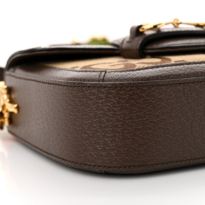 Gucci Monogram Jumbo GG Textured Dollar Calfskin Web Mini Horsebit 1955 Shoulder Bag Camel Ebony New Acero 9 of 11
