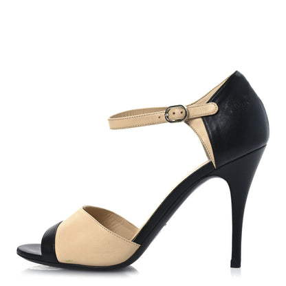 Chanel Lambskin Peep Toe Sandals 39 Beige Black 1 of 15