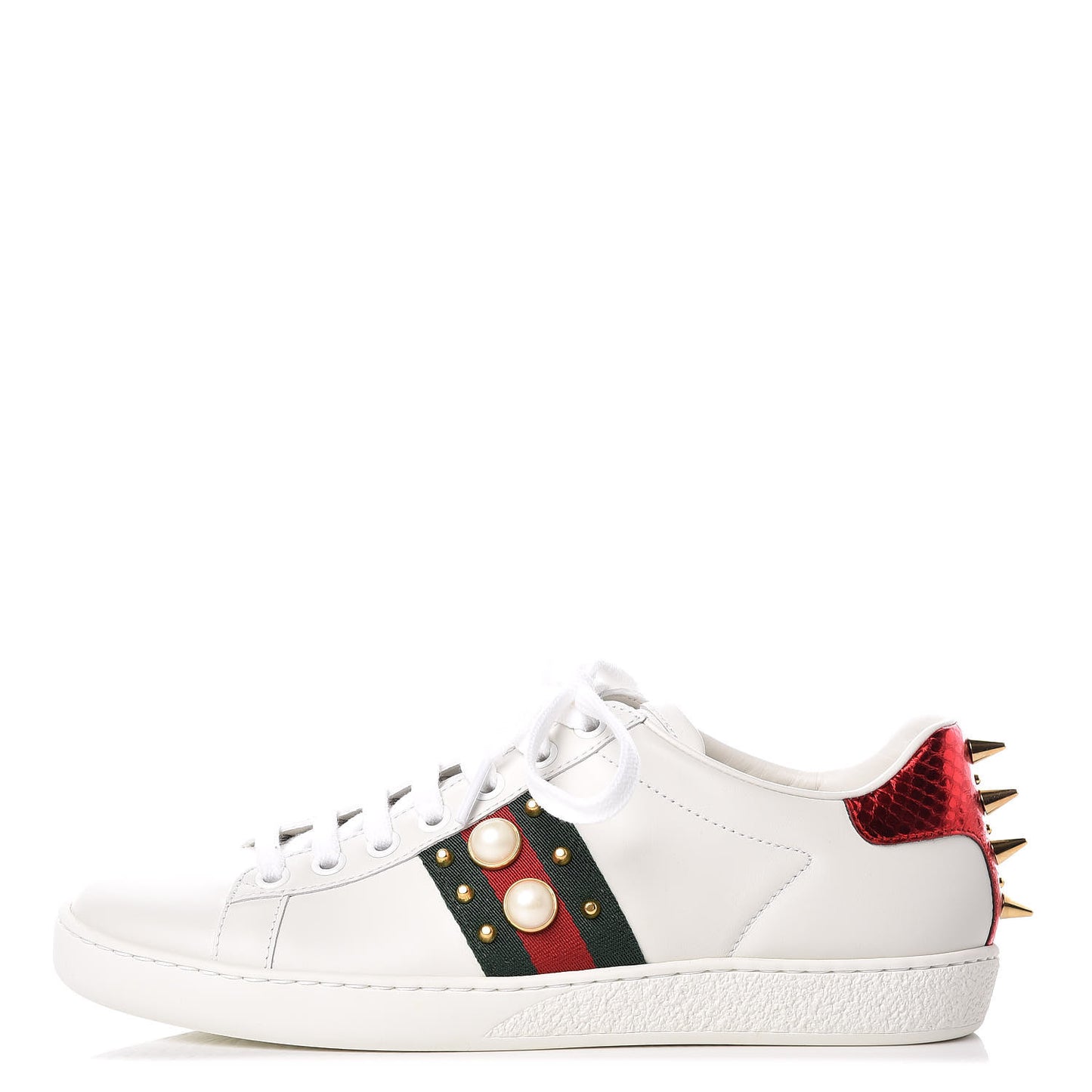 Calfskin Web Pearl Studded Womens Ace Sneakers 35.5 White