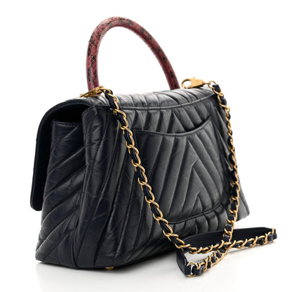 Chanel Aged Calfskin Elaphe Chevron Quilted Small Coco Handle Flap Navy 3 of 16