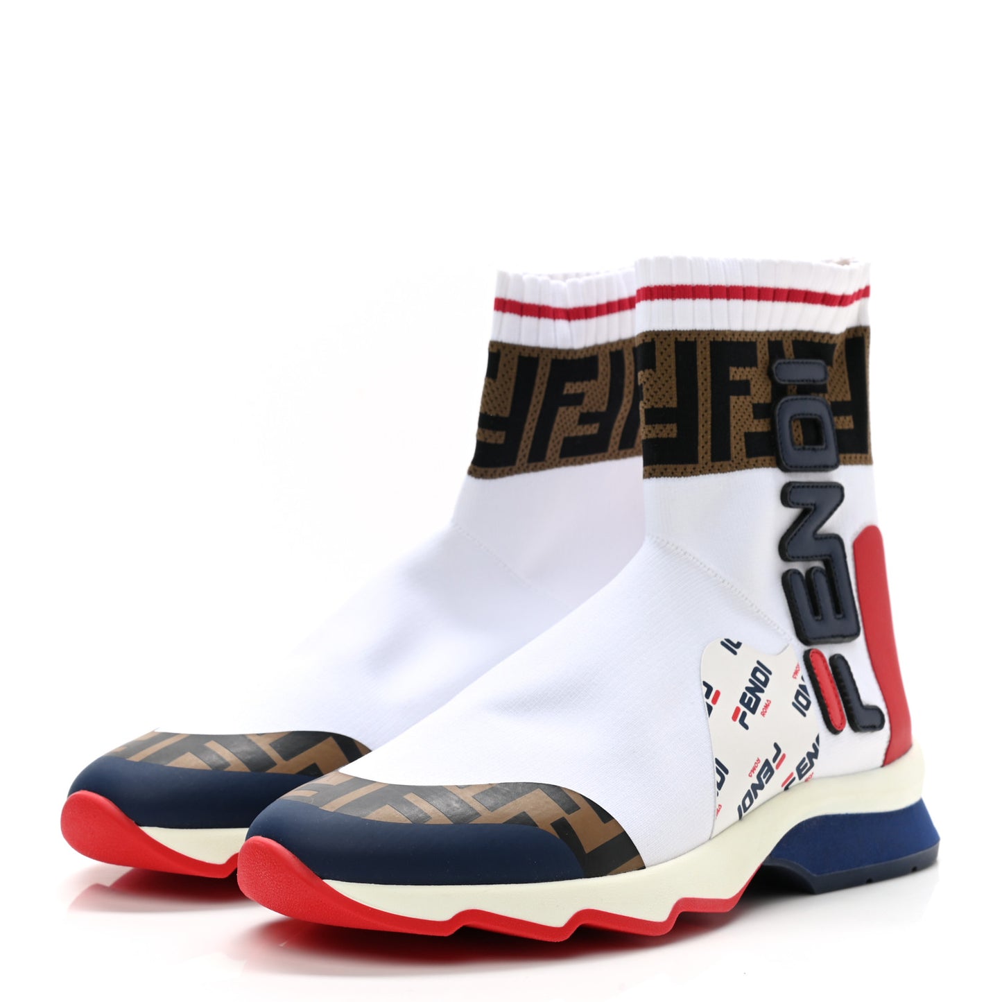 X FILA Stretch Knit Calfskin Mania Sock Sneakers 36 White Indaco Fiamma Tobacco Black