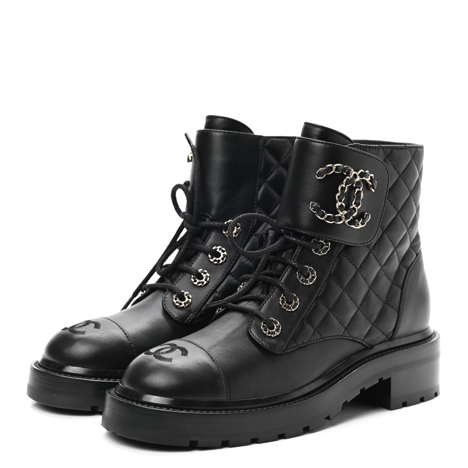 Chanel Shiny Lambskin Quilted Lace Up Combat Boots 37 Black 3 of 8