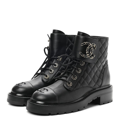 Chanel Shiny Lambskin Quilted Lace Up Combat Boots 37 Black 3 of 8