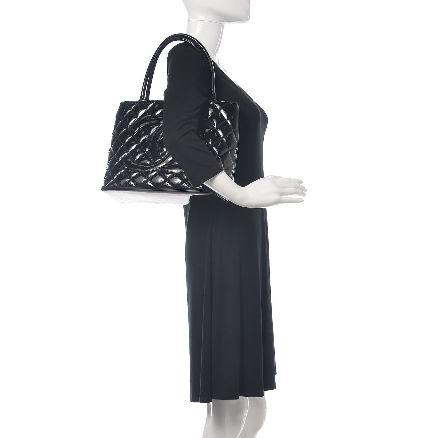 Patent Quilted Medallion Tote Black