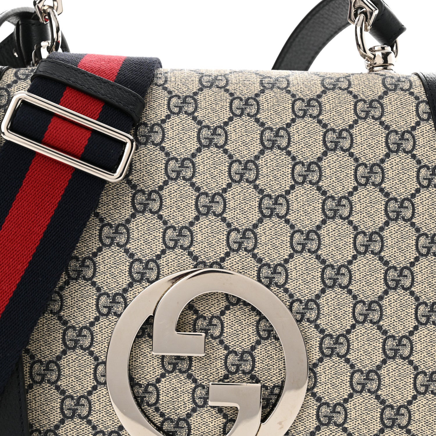 Gucci GG Supreme Monogram Textured Dollar Calfskin Web Medium Blondie Top Handle Shoulder Flap Bag Beige Blue 8 of 10