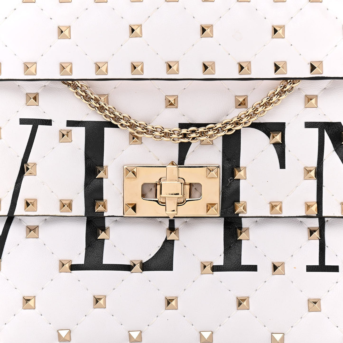 Lambskin VLTN Print Medium Rockstud Spike Shoulder Bag Optic White Black