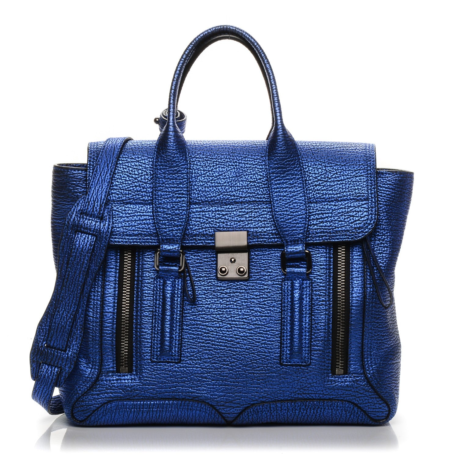 3.1 Phillip Lim 3.1 Metallic Textured Calfskin Medium Pashli Satchel Electric Blue 1 of 8