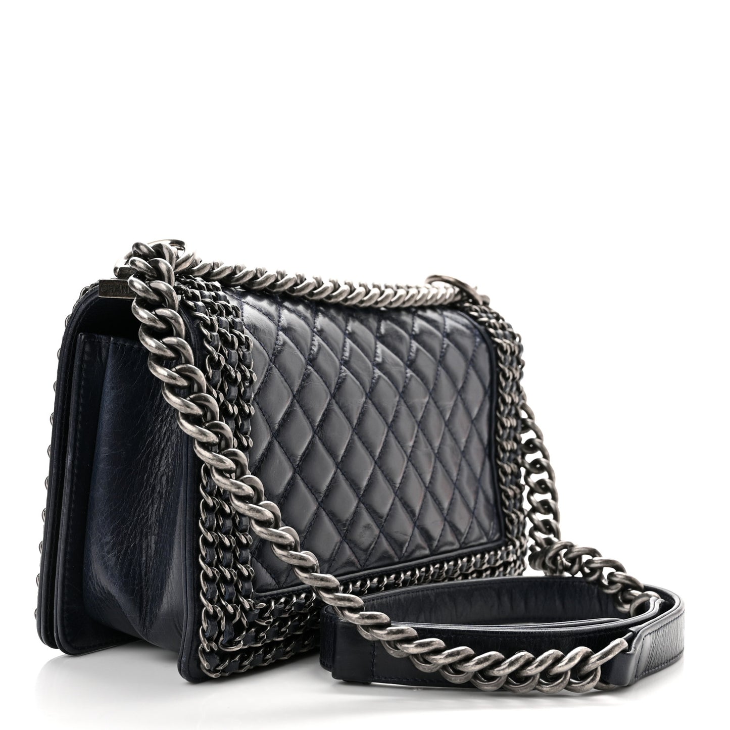 Glazed Calfskin Quilted Medium Boy Chained Flap Blue
