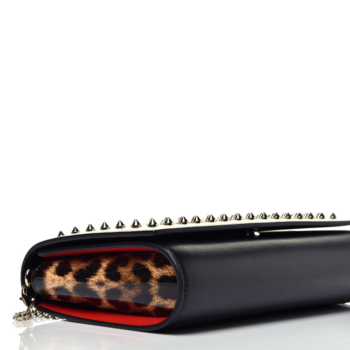 Calfskin Patent Leopard Spikes Paloma Clutch Black