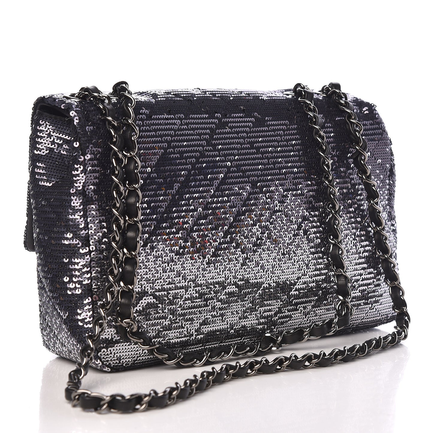 Sequin Medium Single Flap Black Silver