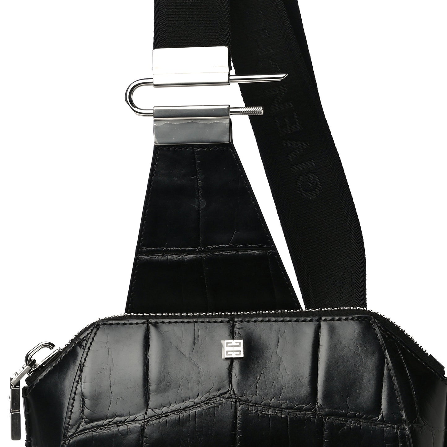 Calfskin Crocodile Embossed Antigona U Crossbody Bag Black